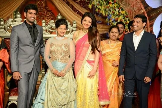 kajal in transparent saree hot pics at Dil Raju Daughter Wedding reception